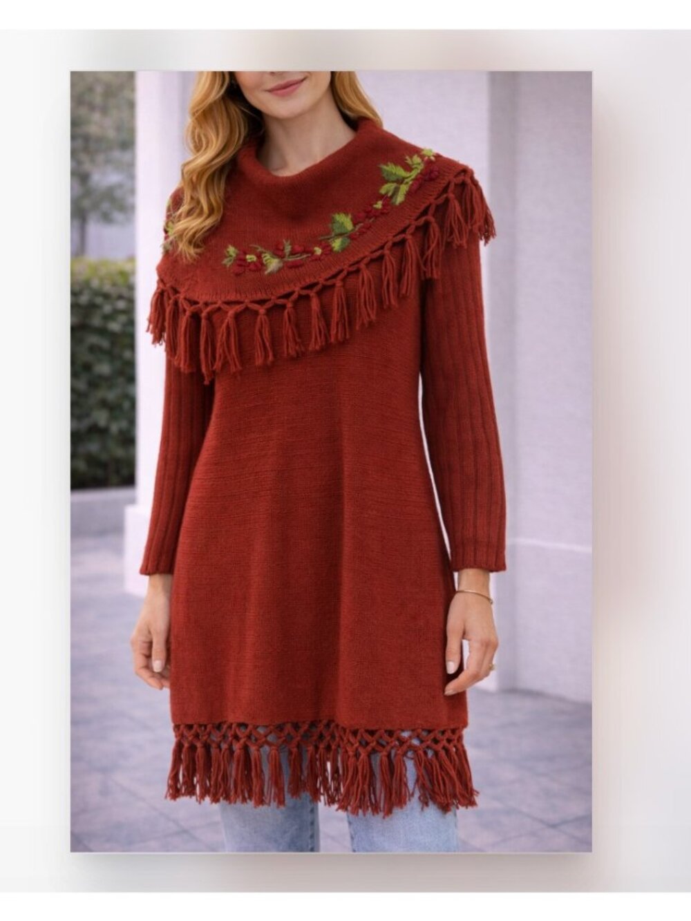 April Cornell Sweater Dress Womens Medium Red Knit Fringe Floral Boho